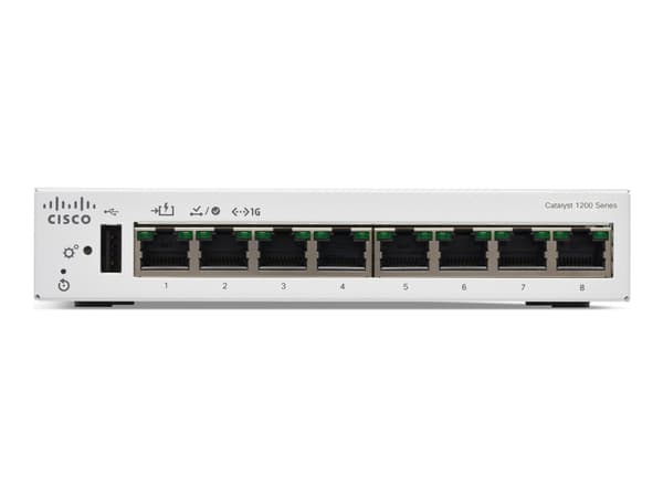 Cisco Catalyst 1200-8T-D - Switch - gigabit ethernet - L3 - smart - 8 x 10/100/1000 - skrivbordsmodell - PoE (67 W)
