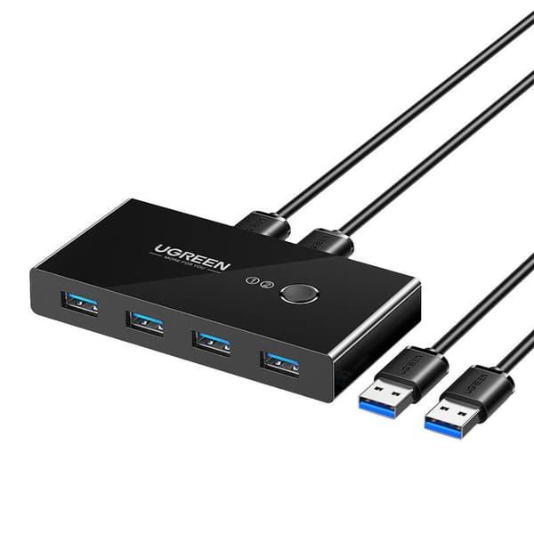 HUB extern Ugreen, "US216" porturi USB: USB 3.0 x 4, conectare prin 2 x USB, partajare date 2 pc-uri simultan,buton comutare PC,lungime 1.5 m,LED, neg