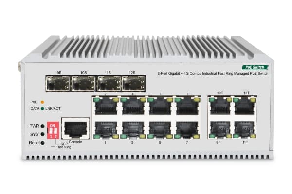 DIGITUS - Switch - industrial, L2 - Administrerad - 8 x 10/100/1000 (PoE+) + 4 x kombination Gigabit Ethernet/Gigabit SFP - DIN-skenmonterbar - PoE+