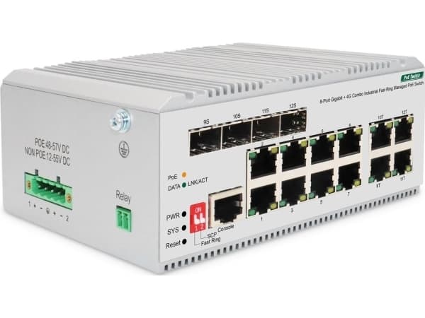 DIGITUS - Switch - industrial, L2 - Administrerad - 8 x 10/100/1000 (PoE+) + 4 x kombination Gigabit Ethernet/Gigabit SFP - DIN-skenmonterbar - PoE+