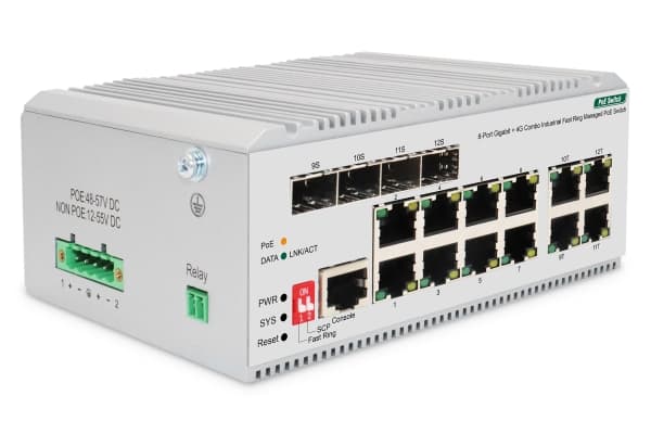 DIGITUS - Switch - industrial, L2 - Administrerad - 8 x 10/100/1000 (PoE+) + 4 x kombination Gigabit Ethernet/Gigabit SFP - DIN-skenmonterbar - PoE+