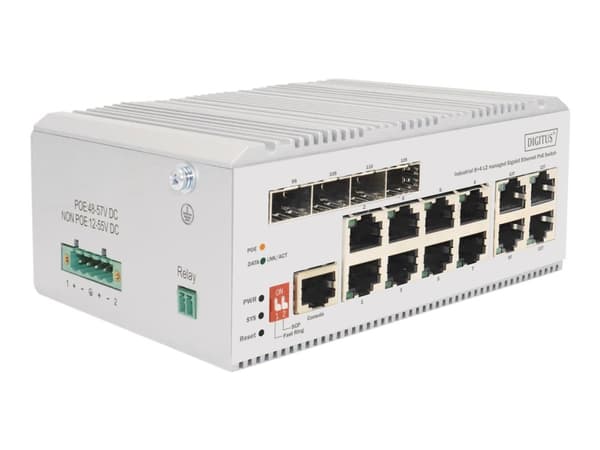 DIGITUS - Switch - industrial, L2 - Administrerad - 8 x 10/100/1000 (PoE+) + 4 x kombination Gigabit Ethernet/Gigabit SFP - DIN-skenmonterbar - PoE+ Grå