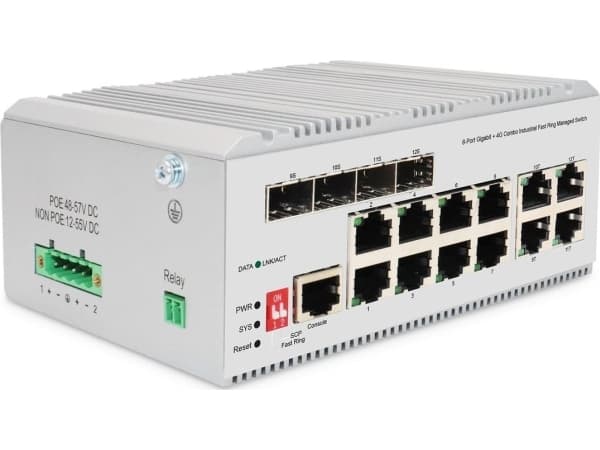 DIGITUS - Switch - industrial, L2 - Administrerad - 8 x 10/100/1000 (PoE+) + 4 x kombination Gigabit Ethernet/Gigabit SFP - DIN-skenmonterbar - PoE+