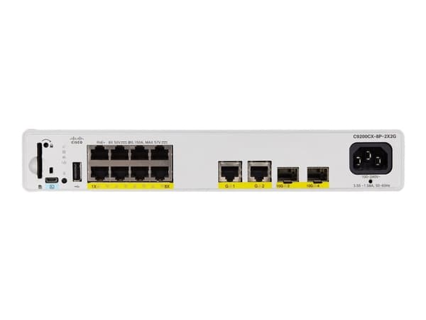 Cisco Catalyst 9200CX - Network Advantage - switch - kompakt - L3 - Administrerad - 8 x 10/100/1000 (PoE+) + 2 x 1000Base-T + 2 x 10 Gigabit SFP+ (up Grå