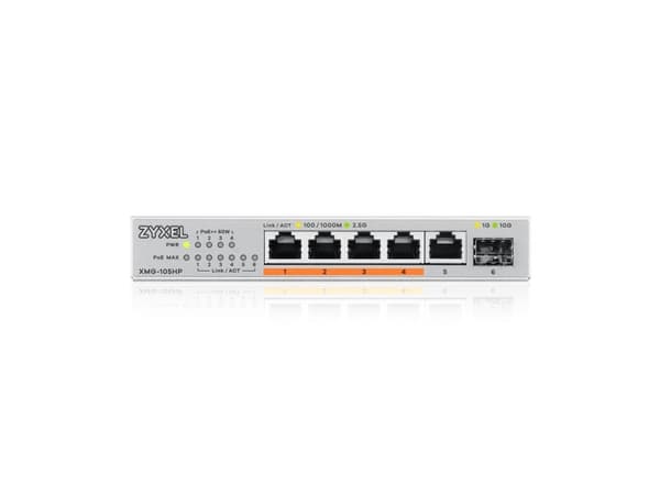 Zyxel XMG-100 Series XMG-105HP - Switch - ustyrt - ikke-styrt - 5 x 100/1000/2.5G (PoE++) + 1 x Gigabit SFP / 10 Gigabit SFP+ - stasjonær, veggmonter