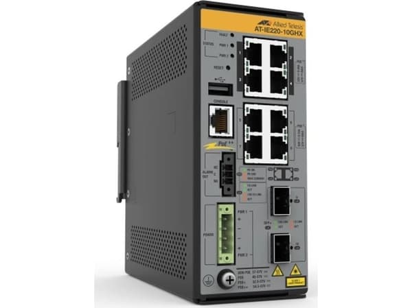 Allied Telesis AT IE220-10GHX - Switch - L2+ - Styrt - 8 x 10/100/1000Base-T + 2 x 1 Gigabit / 10 Gigabit SFP+ (opplink) - DIN-skinnemonterbar, veggm