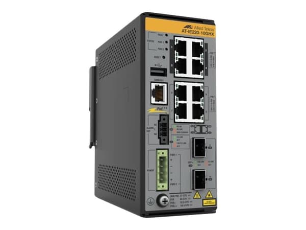 Allied Telesis AT IE220-10GHX - Switch - L2+ - Styrt - 8 x 10/100/1000Base-T + 2 x 1 Gigabit / 10 Gigabit SFP+ (opplink) - DIN-skinnemonterbar, veggm Grå