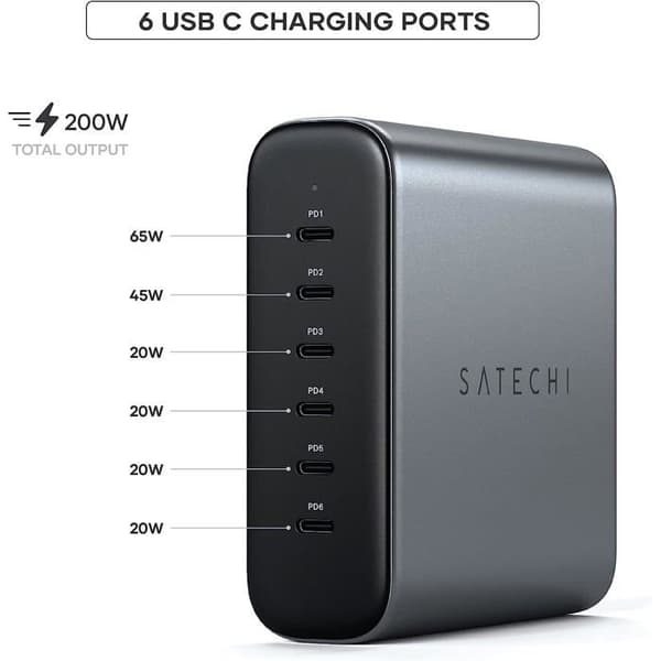 USB-C-laddare - Satechi - 200W - 6 port - GaN-teknik - Snabbladdning