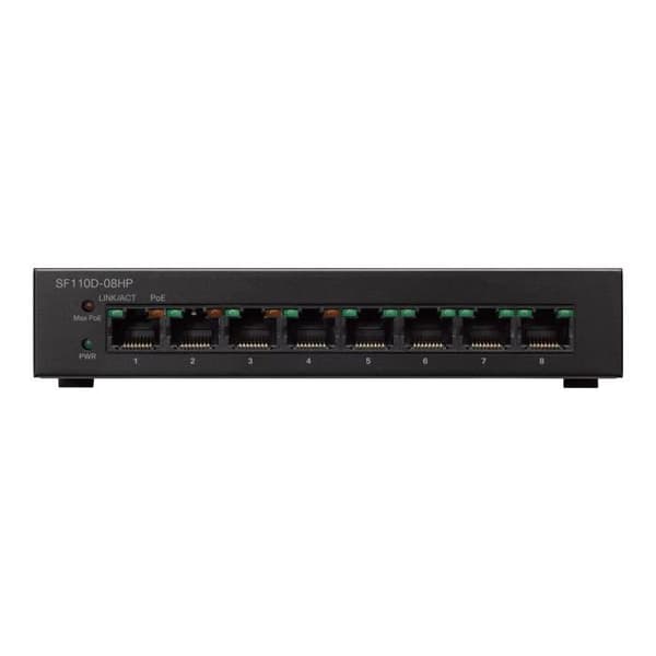 Cisco Small Business SF110D-08HP Unmanaged Switch 4x10-100 (PoE) + 4x10-100 Desktop, väggmonterad PoE... Svart