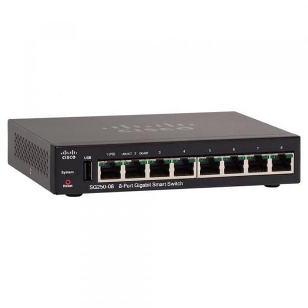 Cisco 250 Series SG250-08 8x10-100-1000 Smart C3 Switch (1 PoE, 1 PoE+) PoE+ Rackmonterbar