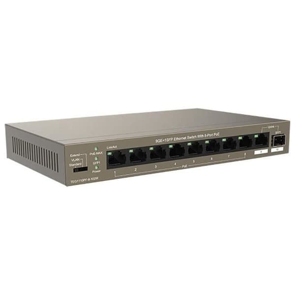 Tenda PoE Switch Gigabit 10 portar, 9GE+1SFP PoE Switch 102W med 8-portars PoE, Plug and Play, metallhölje, för videoövervakning