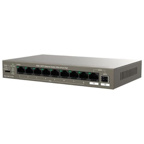 Tenda PoE Switch Gigabit 10 portar, 9GE+1SFP PoE Switch 102W med 8-portars PoE, Plug and Play, metallhölje, för videoövervakning