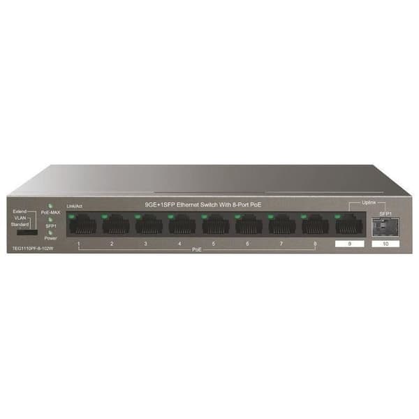 Tenda PoE Switch Gigabit 10 portar, 9GE+1SFP PoE Switch 102W med 8-portars PoE, Plug and Play, metallhölje, för videoövervakning Grå