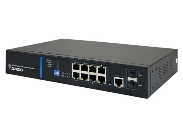 AVIZIO-kytkin 8x RJ45 PoE 1Gb/s + 2x SFP Uplink 1Gb/s + 1 RJ45-konsoliportti