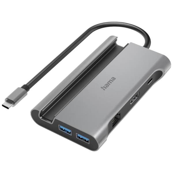 USB 3.0-hub - Hama - 7 portar - Snabbladdning - Ultra HD 4K - Grå aluminium
