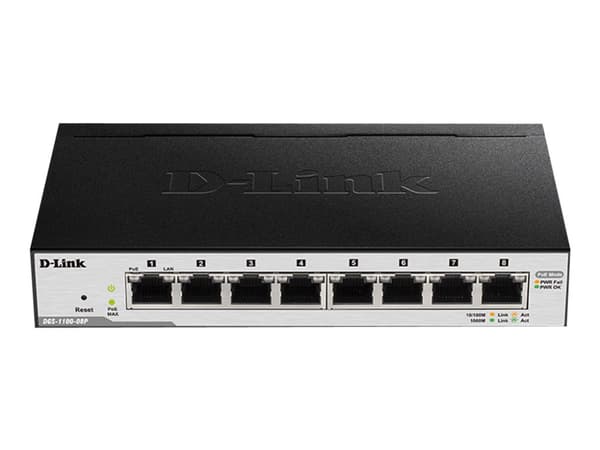 D-Link EasySmart Switch DGS-1100-08P - V2 - switch - smart - 8 x 10/100/1000 (PoE) - skrivbordsmodell - PoE (64 W) Svart