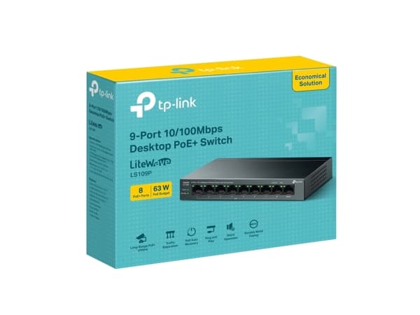 TP-Link LiteWave LS109P, Ohanterad, Fast Ethernet (10/100), Strömförsörjning via Ethernet (PoE) stöd, Monteringsbar på väggen
