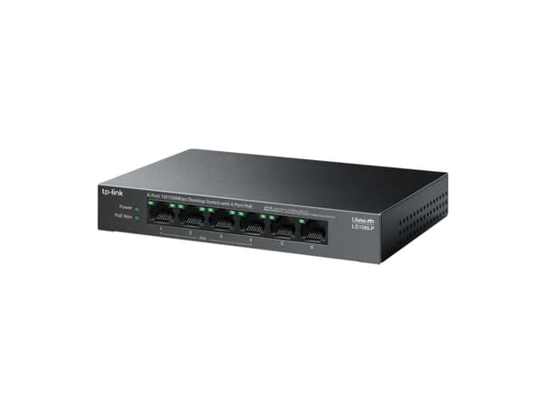 TP-Link LiteWave LS106LP, Ohanterad, Fast Ethernet (10/100), Strömförsörjning via Ethernet (PoE) stöd, Monteringsbar på väggen