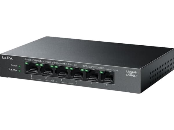 TP-Link LiteWave LS106LP, Ohanterad, Fast Ethernet (10/100), Strömförsörjning via Ethernet (PoE) stöd, Monteringsbar på väggen