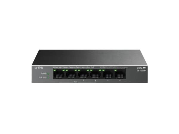 TP-Link LiteWave LS106LP, Ohanterad, Fast Ethernet (10/100), Strömförsörjning via Ethernet (PoE) stöd, Monteringsbar på väggen Svart
