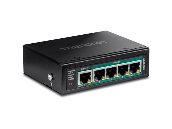 TRENDnet TI-B541 - Switch - industrial, with PoE pass-through - 1 x 10/100/1000 (PoE++ input) + 4 x 10/100/1000 (PoE+) - DIN-skenmonterbar, väggmonte