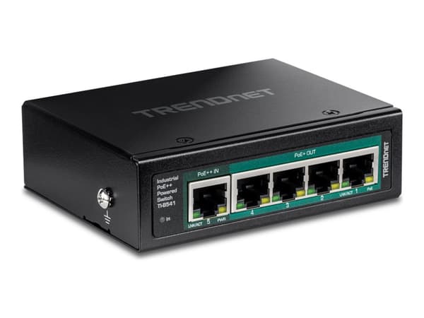 TRENDnet TI-B541 - Switch - industrial, with PoE pass-through - 1 x 10/100/1000 (PoE++ input) + 4 x 10/100/1000 (PoE+) - DIN-skenmonterbar, väggmonte Svart