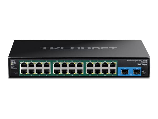 TRENDnet TI-RP262 - Version v1.0R - switch - hardened, industrial - 24 x 10/100/1000 (PoE+) + 2 x Gigabit SFP - rackmonterbar - PoE+ (685 W) - TAA-ko Svart