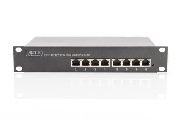 Digitus | 8-porttinen Gigabit Ethernet PoE-kytkin | DN-95317 | Hallitsematon | Telineeseen asennettava | 10/100 Mbps (RJ-45) porttien määrä | 1 Gbp