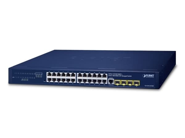 PLANET IPv4/IPv6, 24-Port, Hallittu, L2/L4, Gigabit Ethernet (10/100/1000), Täysin kaksipuolinen, Telineasennus, 1U Sininen