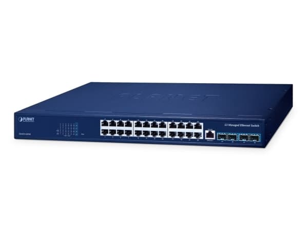 PLANET Layer 3 24-Port 10/100/1000T, Håndtert, L3, Gigabit Ethernet (10/100/1000), Full tosidig, Strøm over Ethernet (PoE), Rack-montering Blå