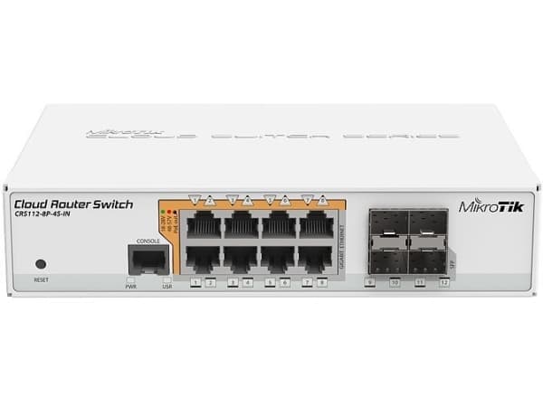 MikroTik Cloud Router Switch CRS112-8P-4S-IN - Switch - L3 - Styrt - 8 x 10/100/1000 (PoE) + 4 x SFP - stasjonær, rackmonterbar - PoE+ - DC-strøm