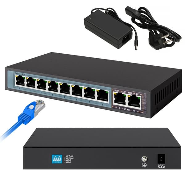 Extralink CERES | Vaihda PoE | 8 x 100 Mb/s PoE/PoE+, 2 x RJ45 Uplink 100 Mb/s, 96 W musta
