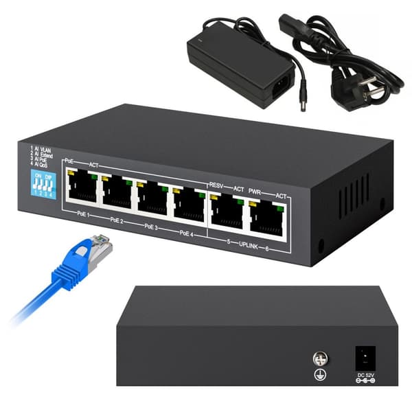 Extralink EUROS V2 | Skift PoE | 4x 100Mb/s PoE/PoE+, 2x RJ45 Uplink 100Mb/s, 60W Sort