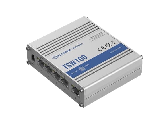 Teltonika TSW100 - Switch - ikke-styrt - 5 x 10/100/1000 (1 PoE) - stasjonær - PoE (120 W) - DC-strøm