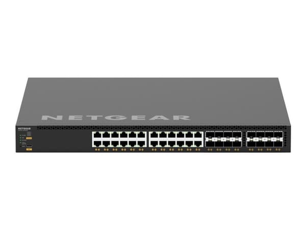 NETGEAR AV Line M4350-24X8F8V - Switch - L3 - Styrt - 24 x 100/1000/2.5G/5G/10GBase-T (PoE++) + 8 x 10Gb Ethernet SFP+ + 8 x 25 Gigabit SFP28 - front Sort