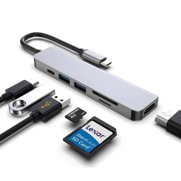 6 i 1 USB C-hubb, med 4K HDMI, 2 USB 3.0-portar, SD/TF-kortläsare, 87W PD, kompatibel multiportdocka