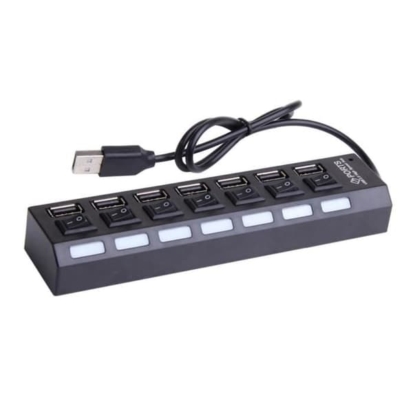 Powered USB Hub, 7-portars USB 2.0 Hub Plus-portar med på/av-brytare - Strömadapternav