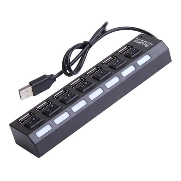 Powered USB Hub, 7-portars USB 2.0 Hub Plus-portar med på/av-brytare - Strömadapternav