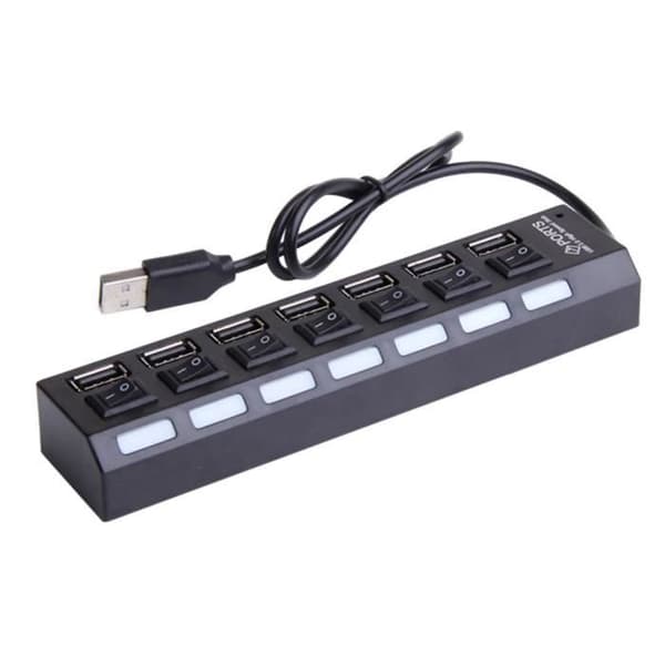 Powered USB Hub, 7-portars USB 2.0 Hub Plus-portar med på/av-brytare - Strömadapternav