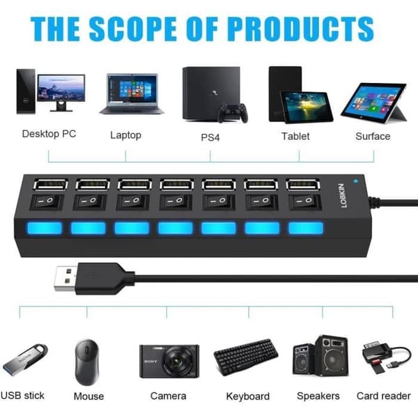 7 Port USB 2.0 Hub Hub, individuella switchar 7 Port USB 2.0 Data Hub för PC Laptop