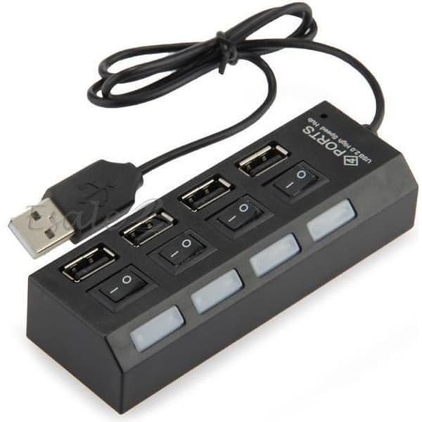 Svart USB 2.0 HUB 4 portar 480 Mbps med LED Switch för PC Tablet