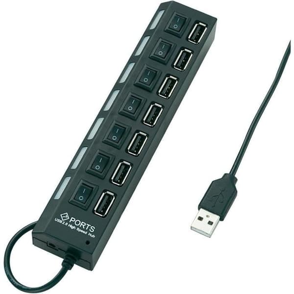 USB-hub - Conrad - 7 portar - Separat omkoppling - LED - Svart