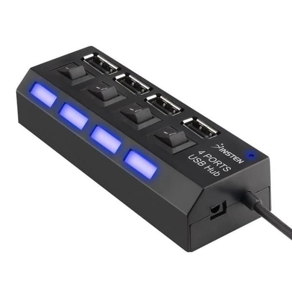 INSTEN® Hub Power Strip 4 portar USB 2.0 svart med på/av-brytare för dataöverföringssynkronisering Dator ...