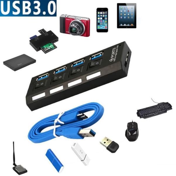4 Port USB 3.0 HUB Strömbrytare Splitter Plug &amp; Play + Strömadapterkabel för PC EU GOBRO