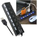 Miniatyrbild 1 av 4: Power Strip Hub - INSTEN - 7 USB 2.0-portar - Hög hastighet - På/Av-knappar - Svart