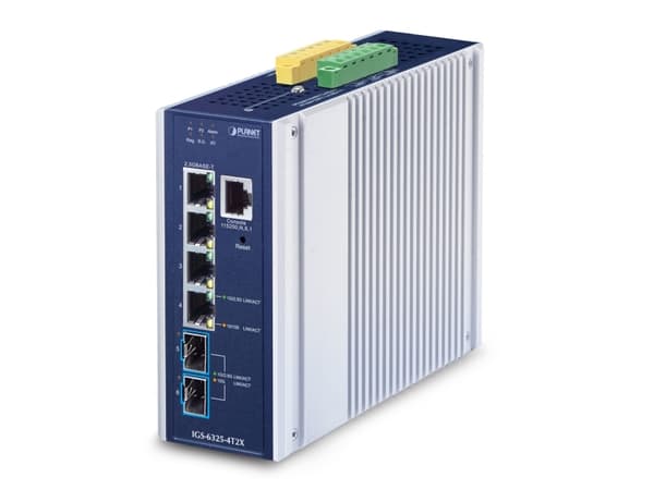PLANET IP30 Industrial L3 4-Port, Håndtert, L3, 2.5G Ethernet (100/1000/2500), Full tosidig, Kan monteres på vegg Aluminium, Blå