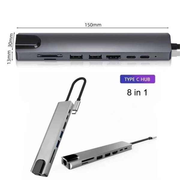8 i 1 USB C-hubb, typ C, RJ45, med 4K HDMI, USB 3.0, SD/TF-kortläsare, 87W PD, kompatibel flerportsdocka