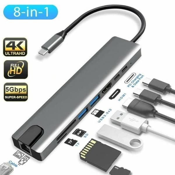 8 i 1 USB C-hubb, typ C, RJ45, med 4K HDMI, USB 3.0, SD/TF-kortläsare, 87W PD, kompatibel flerportsdocka