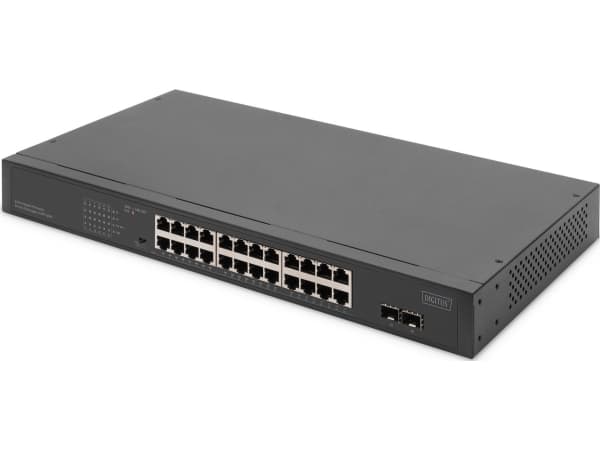 DIGITUS - Switch - 19" - ikke-styrt - 24 x 10/100/1000 + 2 x SFP (mini-GBIC) (opplink) - rackmonterbar - PoE+ (370 W)