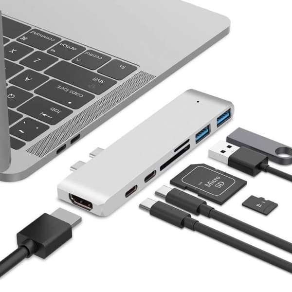 USB C Hub, 7 i 1 USB C-adapter för Macbook Pro/Air, Thunderbolt 3.1 PD 100W, HDMI 4K, 2 USB 3.0-portar, SD/TF-kortläsare